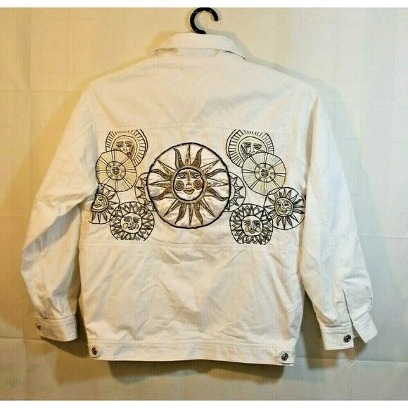 Cedars Jean Jacket Vintage White Denim Lined Starburst Metalic Gold Womens Sz S - Picture 2 of 8